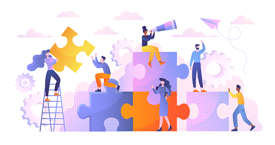 vector image of a team  in a jugsaw swtting putting the pieces together