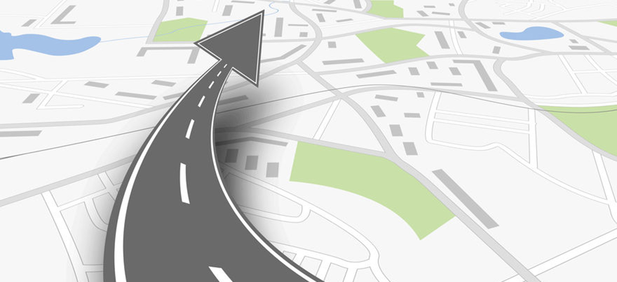 Image of map with arrow along route depicting a concept of home visit